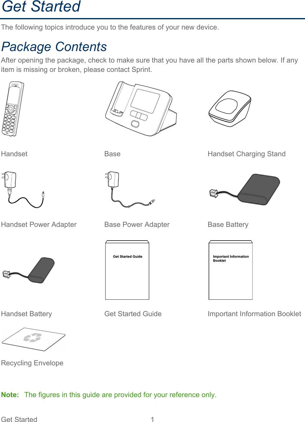 Get Started  1   Get Started The following topics introduce you to the features of your new device. Package Contents After opening the package, check to make sure that you have all the parts shown below. If any item is missing or broken, please contact Sprint.     Handset  Base  Handset Charging Stand      Handset Power Adapter Base Power Adapter Base Battery     Handset Battery Get Started Guide Important Information Booklet     Recycling Envelope    Note:   The figures in this guide are provided for your reference only. 