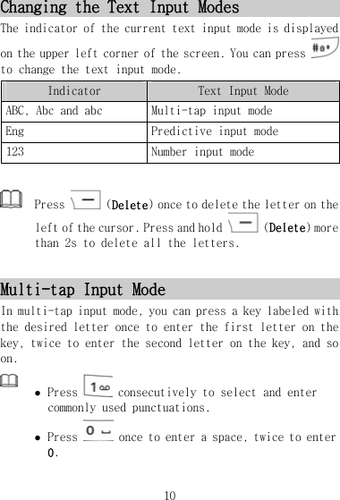 Changing the Text Input Modes The indicator of the current text input mode is displayed on the upper left corner of the screen. You can press   to change the text input mode. Indicator  Text Input Mode ABC, Abc and abc  Multi-tap input mode Eng  Predictive input mode 123  Number input mode   Press   (Delete) once to delete the letter on the left of the cursor. Press and hold   (Delete) more than 2s to delete all the letters.  Multi-tap Input Mode In multi-tap input mode, you can press a key labeled with the desired letter once to enter the first letter on the key, twice to enter the second letter on the key, and so on.   z Press   consecutively to select and enter commonly used punctuations. z Press  once to enter a space, twice to enter 0. 10 