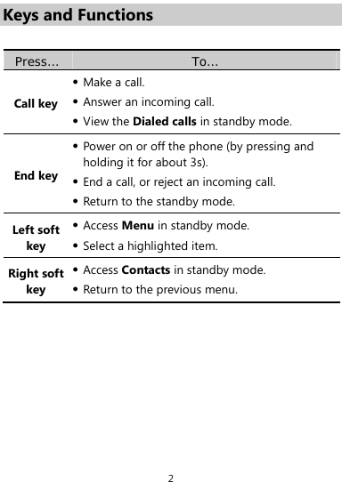  2 Keys and Functions  Press…  To… Call key  Make a call.  Answer an incoming call.  View the Dialed calls in standby mode. End key  Power on or off the phone (by pressing and holding it for about 3s).  End a call, or reject an incoming call.  Return to the standby mode. Left soft key  Access Menu in standby mode.  Select a highlighted item. Right soft key  Access Contacts in standby mode.  Return to the previous menu. 