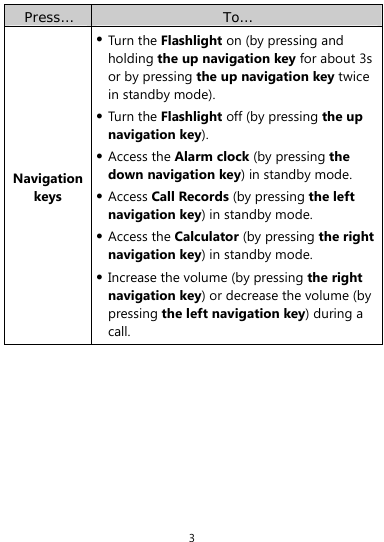  3 Press…  To… Navigation keys z Turn the Flashlight on (by pressing and holding the up navigation key for about 3s or by pressing the up navigation key twice in standby mode).   z Turn the Flashlight off (by pressing the up navigation key). z Access the Alarm clock (by pressing the down navigation key) in standby mode. z Access Call Records (by pressing the left navigation key) in standby mode. z Access the Calculator (by pressing the right navigation key) in standby mode. z Increase the volume (by pressing the right navigation key) or decrease the volume (by pressing the left navigation key) during a call. 