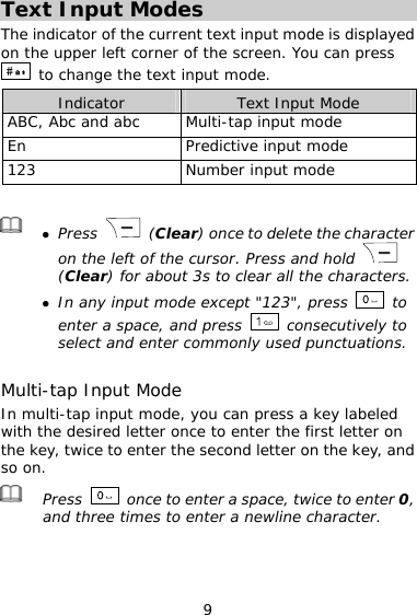 9 Text Input Modes The indicator of the current text input mode is displayed on the upper left corner of the screen. You can press  to change the text input mode. Indicator  Text Input Mode ABC, Abc and abc  Multi-tap input mode En  Predictive input mode 123  Number input mode   z Press   (Clear) once to delete the character on the left of the cursor. Press and hold   (Clear) for about 3s to clear all the characters. z In any input mode except &quot;123&quot;, press   to enter a space, and press   consecutively to select and enter commonly used punctuations.  Multi-tap Input Mode In multi-tap input mode, you can press a key labeled with the desired letter once to enter the first letter on the key, twice to enter the second letter on the key, and so on.  Press    once to enter a space, twice to enter 0, and three times to enter a newline character.  