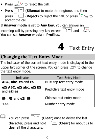  9  Press    to reject the call.  Press    (Silence) to mute the ringtone, and then press    (Reject) to reject the call, or press    to accept the call. If Answer mode is set to Any key, you can answer an incoming call by pressing any key except    and  . You can set Answer mode in Profiles. 4  Text Entry Changing the Text Entry Mode The indicator of the current text entry mode is displayed in the upper left corner of the screen. You can press    to change the text entry mode. Indicator Text Entry Mode ABC, abc, es and ES Multi-tap text entry mode eZi ABC, eZi abc, eZi ES and eZi es Predictive text entry mode 拼，笔 and eZi  拼 Chinese text entry mode 123 Number entry mode   You can press    (Clear) once to delete the last character, press and hold    (Clear) for about 3s to clear all the characters.    