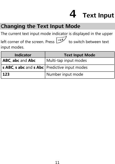  11 4  Text Input Changing the Text Input Mode The current text input mode indicator is displayed in the upper left corner of the screen. Press    to switch between text input modes. Indicator Text Input Mode ABC, abc and Abc   Multi-tap input modes s ABC, s abc and s Abc Predictive input modes 123 Number input mode  