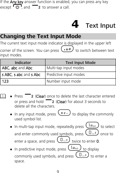 9 If the Any key answer function is enabled, you can press any key except  , and    to answer a call. 4  Text Input Changing the Text Input Mode The current text input mode indicator is displayed in the upper left corner of the screen. You can press    to switch between text input modes. Indicator  Text Input Mode ABC, abc and Abc  Multi-tap input modes s ABC, s abc and s Abc  Predictive input modes 123  Number input mode    Press   (Clear) once to delete the last character entered or press and hold   (Clear) for about 3 seconds to delete all the characters.  In any input mode, press    to display the commonly used symbol list.  In multi-tap input mode, repeatedly press   to select and enter commonly used symbols, press   once to enter a space, and press    twice to enter 0.  In predictive input mode, press   to display commonly used symbols, and press    to enter a space. 
