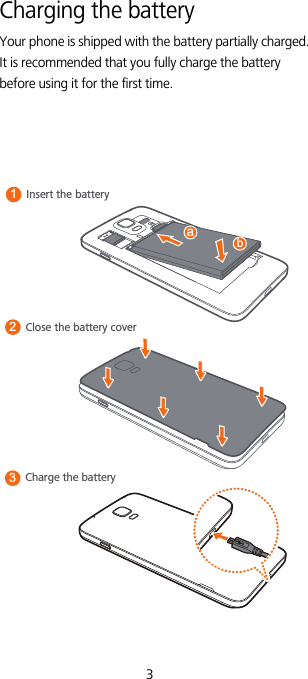 3Charging the batteryYour phone is shipped with the battery partially charged. It is recommended that you fully charge the battery before using it for the first time.Insert the batteryCharge the battery132Close the battery coverab