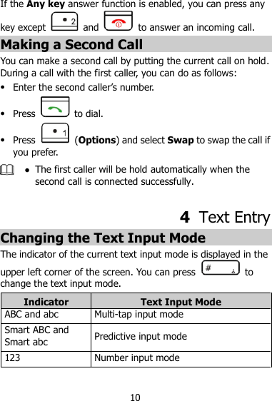 10 If the Any key answer function is enabled, you can press any key except  and    to answer an incoming call. Making a Second Call You can make a second call by putting the current call on hold. During a call with the first caller, you can do as follows:  Enter the second caller‟s number.  Press    to dial.    Press   (Options) and select Swap to swap the call if you prefer.   The first caller will be hold automatically when the second call is connected successfully.  4  Text Entry Changing the Text Input Mode The indicator of the current text input mode is displayed in the upper left corner of the screen. You can press    to change the text input mode.  Indicator Text Input Mode ABC and abc Multi-tap input mode Smart ABC and Smart abc Predictive input mode 123 Number input mode  