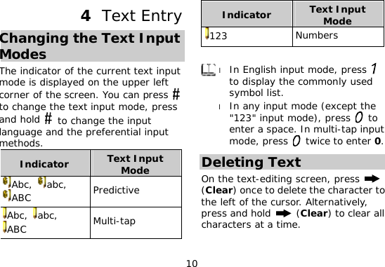 10 4  Text Entry Changing the Text Input Modes The indicator of the current text input mode is displayed on the upper left corner of the screen. You can press  to change the text input mode, press and hold  to change the input language and the preferential input methods. Indicator  Text Input Mode Abc,  abc, ABC  Predictive Abc,  abc, ABC  Multi-tap Indicator  Text Input Mode 123  Numbers  l In English input mode, press   to display the commonly used symbol list. l In any input mode (except the &quot;123&quot; input mode), press   to enter a space. In multi-tap input mode, press   twice to enter 0. Deleting Text On the text-editing screen, press   (Clear) once to delete the character to the left of the cursor. Alternatively, press and hold   (Clear) to clear all characters at a time. 