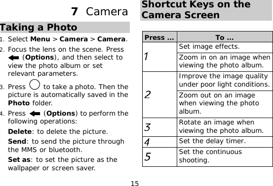 15 7  Camera Taking a Photo 1. Select Menu &gt; Camera &gt; Camera. 2. Focus the lens on the scene. Press  (Options), and then select to view the photo album or set relevant parameters. 3. Press   to take a photo. Then the picture is automatically saved in the Photo folder. 4. Press   (Options) to perform the following operations: l Delete: to delete the picture. l Send: to send the picture through the MMS or bluetooth. l Set as: to set the picture as the wallpaper or screen saver. Shortcut Keys on the Camera Screen  Press … To … Set image effects.  Zoom in on an image when viewing the photo album. Improve the image quality under poor light conditions.  Zoom out on an image when viewing the photo album.   Rotate an image when viewing the photo album.  Set the delay timer.  Set the continuous shooting. 