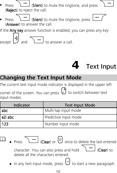 10  Press    (Silent) to mute the ringtone, and press   (Reject) to reject the call.  Press    (Silent) to mute the ringtone, press   (Answer) to answer the call. If the Any key answer function is enabled, you can press any key except   and   to answer a call.  4  Text Input Changing the Text Input Mode The current text input mode indicator is displayed in the upper left corner of the screen. You can press   to switch between text input modes. Indicator Text Input Mode abc Multi-tap input mode eZi abc Predictive input mode 123 Number input mode    Press    (Clear) or   once to delete the last entered character. You can also press and hold    (Clear) to delete all the characters entered.  In any text input mode, press    to start a new paragraph. 
