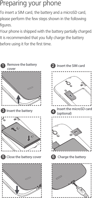 Preparing your phoneTo insert a SIM card, the battery and a microSD card, please perform the few steps shown in the following figures.Your phone is shipped with the battery partially charged. It is recommended that you fully charge the battery before using it for the first time.1 23546Remove the batterycover Insert the SIM cardInsert the microSD card(optional)Insert the batteryClose the battery cover Charge the batteryab