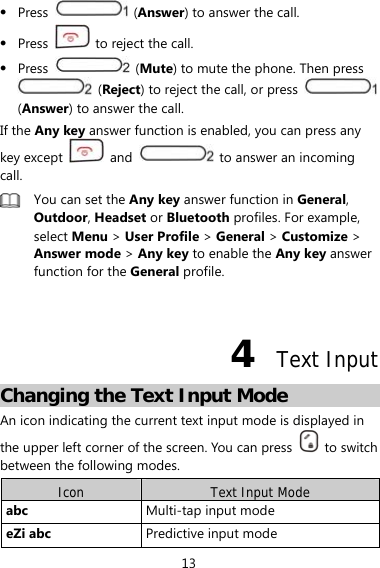 13  Press   (Answer) to answer the call.  Press    to reject the call.  Press   (Mute) to mute the phone. Then press  (Reject) to reject the call, or press   (Answer) to answer the call. If the Any key answer function is enabled, you can press any key except   and    to answer an incoming call.  You can set the Any key answer function in General, Outdoor, Headset or Bluetooth profiles. For example, select Menu &gt; User Profile &gt; General &gt; Customize &gt; Answer mode &gt; Any key to enable the Any key answer function for the General profile.  4  Text Input Changing the Text Input Mode An icon indicating the current text input mode is displayed in the upper left corner of the screen. You can press   to switch between the following modes. Icon  Text Input Mode abc  Multi-tap input mode eZi abc  Predictive input mode 