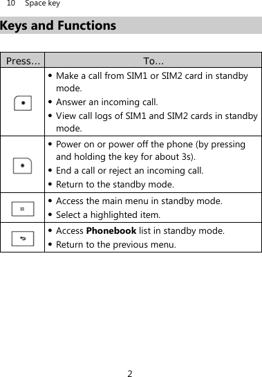  2 10 Space key Keys and Functions  Press…  To…   Make a call from SIM1 or SIM2 card in standby mode.  Answer an incoming call.  View call logs of SIM1 and SIM2 cards in standby mode.   Power on or power off the phone (by pressing and holding the key for about 3s).  End a call or reject an incoming call.  Return to the standby mode.   Access the main menu in standby mode.  Select a highlighted item.   Access Phonebook list in standby mode.  Return to the previous menu. 