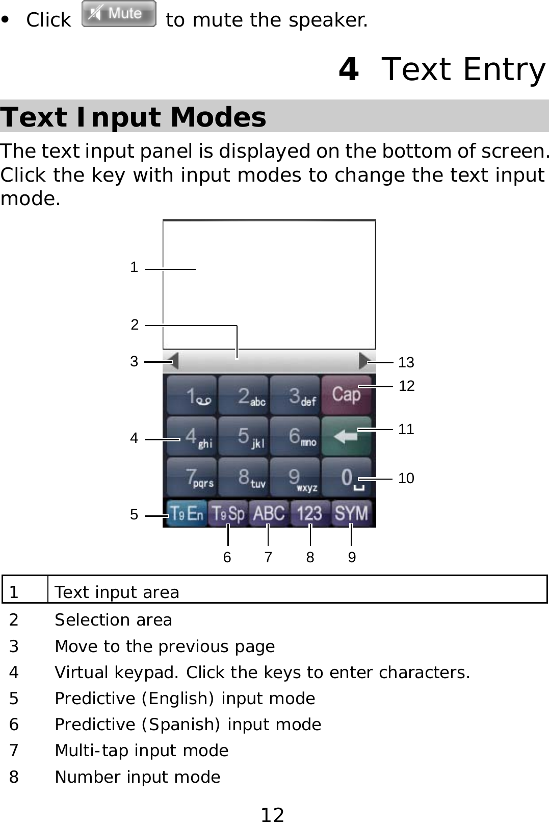 12 z Click  to mute the speaker. 4  Text Entry Text Input Modes The text input panel is displayed on the bottom of screen. Click the key with input modes to change the text input mode. 34567 981101112132 1 Text input area 2 Selection area 3  Move to the previous page 4  Virtual keypad. Click the keys to enter characters. 5  Predictive (English) input mode 6  Predictive (Spanish) input mode 7 Multi-tap input mode 8 Number input mode 