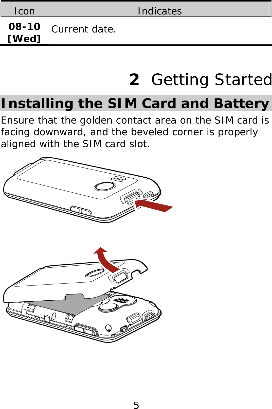 5 Icon  Indicates 08-10 [Wed] Current date.  2  Getting Started Installing the SIM Card and Battery Ensure that the golden contact area on the SIM card is facing downward, and the beveled corner is properly aligned with the SIM card slot.     
