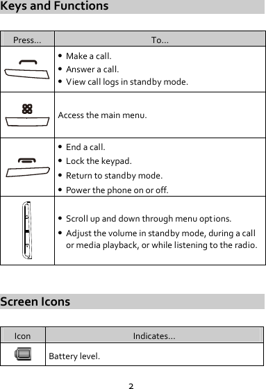 2KeysandFunctionsPress...To… Makeacall. Answeracall. Viewcalllogsinstandbymode.Accessthemainmenu. Endacall. Lockthekeypad. Returntostandbymode. Powerthephoneonoroff. Scrollupanddownthroughmenuoptions. Adjustthevolumeinstandbymode,duringacallormediaplayback,orwhilelisteningtotheradio.ScreenIconsIconIndicates…Batterylevel.
