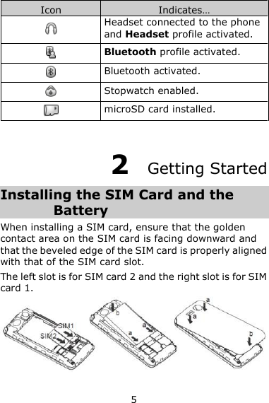 5 Icon Indicates…  Headset connected to the phone and Headset profile activated.  Bluetooth profile activated.  Bluetooth activated.  Stopwatch enabled.  microSD card installed.  2  Getting Started Installing the SIM Card and the Battery When installing a SIM card, ensure that the golden contact area on the SIM card is facing downward and that the beveled edge of the SIM card is properly aligned with that of the SIM card slot. The left slot is for SIM card 2 and the right slot is for SIM card 1.  