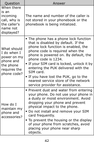 42 Question Answer When there is an incoming call, why is the caller&apos;s name not displayed? The name and number of the caller is not stored in your phonebook or the phonebook is being initialized. What should I do when I power on my phone and the phone requires the phone code?  The phone has a phone lock function that is disabled by default. If the phone lock function is enabled, the phone code is required when the phone is powered on. By default, the phone code is 1234.    If your SIM card is locked, unlock it by entering the PUK delivered with the SIM card.    If you have lost the PUK, go to the nearest service store of the network service provider for assistance. How do I maintain my phone and accessories?  Prevent dust and water from entering your phone. Do not use your phone in a dusty or moist environment. Avoid dropping your phone and prevent physical impact to the phone.  Do not install and remove your SIM card frequently.  To prevent the housing or the display of your phone from scratches, avoid placing your phone near sharp objects. 
