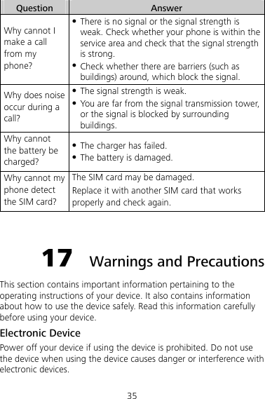 35 Question  Answer Why cannot I make a call from my phone? z There is no signal or the signal strength is weak. Check whether your phone is within the service area and check that the signal strength is strong. z Check whether there are barriers (such as buildings) around, which block the signal. Why does noise occur during a call? z The signal strength is weak. z You are far from the signal transmission tower, or the signal is blocked by surrounding buildings. Why cannot the battery be charged? z The charger has failed. z The battery is damaged. Why cannot my phone detect the SIM card? The SIM card may be damaged.   Replace it with another SIM card that works properly and check again.  17  Warnings and Precautions This section contains important information pertaining to the operating instructions of your device. It also contains information about how to use the device safely. Read this information carefully before using your device. Electronic Device Power off your device if using the device is prohibited. Do not use the device when using the device causes danger or interference with electronic devices. 
