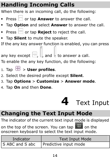  14 Handling Incoming Calls When there is an incoming call, do the following:  Press    or tap Answer to answer the call.  Tap Option and select Answer to answer the call.  Press    or tap Reject to reject the call.  Tap Silent to mute the speaker.   If the any key answer function is enabled, you can press any key except  ,  , and    to answer a call.   To enable the any key function, do the following: 1. Tap    &gt; User profiles. 2. Select the desired profile except Silent. 3. Tap Options &gt; Customize &gt; Answer mode.   4. Tap On and then Done. 4  Text Input Changing the Text Input Mode The indicator of the current text input mode is displayed on the top of the screen. You can tap    on the onscreen keyboard to select the text input mode. Indicator Text Input Mode S ABC and S abc Predictive input mode   