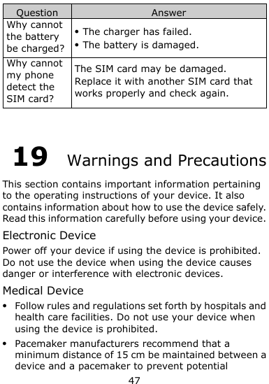  47 Question Answer Why cannot the battery be charged?  The charger has failed.  The battery is damaged. Why cannot my phone detect the SIM card? The SIM card may be damaged.   Replace it with another SIM card that works properly and check again.  19  Warnings and Precautions This section contains important information pertaining to the operating instructions of your device. It also contains information about how to use the device safely. Read this information carefully before using your device. Electronic Device Power off your device if using the device is prohibited. Do not use the device when using the device causes danger or interference with electronic devices. Medical Device  Follow rules and regulations set forth by hospitals and health care facilities. Do not use your device when using the device is prohibited.  Pacemaker manufacturers recommend that a minimum distance of 15 cm be maintained between a device and a pacemaker to prevent potential 