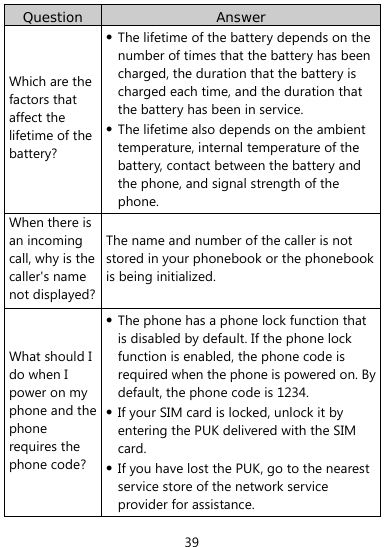  39 Question  Answer Which are the factors that affect the lifetime of the battery?  The lifetime of the battery depends on the number of times that the battery has been charged, the duration that the battery is charged each time, and the duration that the battery has been in service.    The lifetime also depends on the ambient temperature, internal temperature of the battery, contact between the battery and the phone, and signal strength of the phone. When there is an incoming call, why is the caller&apos;s name not displayed?The name and number of the caller is not stored in your phonebook or the phonebook is being initialized. What should I do when I power on my phone and the phone requires the phone code?  The phone has a phone lock function that is disabled by default. If the phone lock function is enabled, the phone code is required when the phone is powered on. By default, the phone code is 1234.    If your SIM card is locked, unlock it by entering the PUK delivered with the SIM card.   If you have lost the PUK, go to the nearest service store of the network service provider for assistance. 