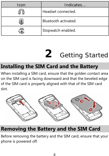  4 Icon  Indicates…  Headset connected.  Bluetooth activated.  Stopwatch enabled.  2  Getting Started Installing the SIM Card and the Battery When installing a SIM card, ensure that the golden contact area on the SIM card is facing downward and that the beveled edge of the SIM card is properly aligned with that of the SIM card slot.  Removing the Battery and the SIM Card Before removing the battery and the SIM card, ensure that your phone is powered off. 