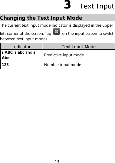 13 3  Text Input Changing the Text Input Mode The current text input mode indicator is displayed in the upper left corner of the screen. Tap    on the input screen to switch between text input modes. Indicator  Text Input Mode s ABC, s abc and s Abc Predictive input mode 123 Number input mode  