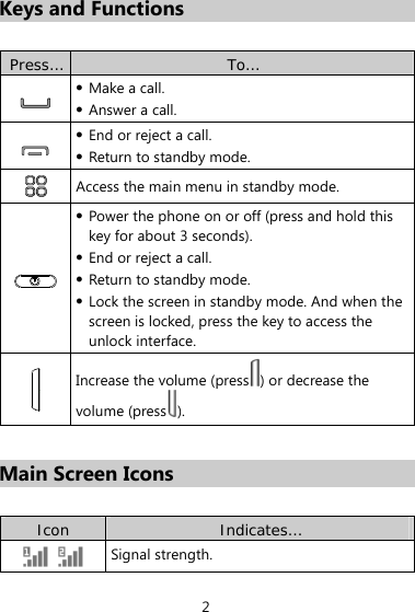 2 Keys and Functions  Press…  To…  z Make a call. z Answer a call.  z End or reject a call. z Return to standby mode.  Access the main menu in standby mode.  z Power the phone on or off (press and hold this key for about 3 seconds). z End or reject a call. z Return to standby mode. z Lock the screen in standby mode. And when the screen is locked, press the key to access the unlock interface.  Increase the volume (press ) or decrease the volume (press ).  Main Screen Icons  Icon  Indicates…   Signal strength. 