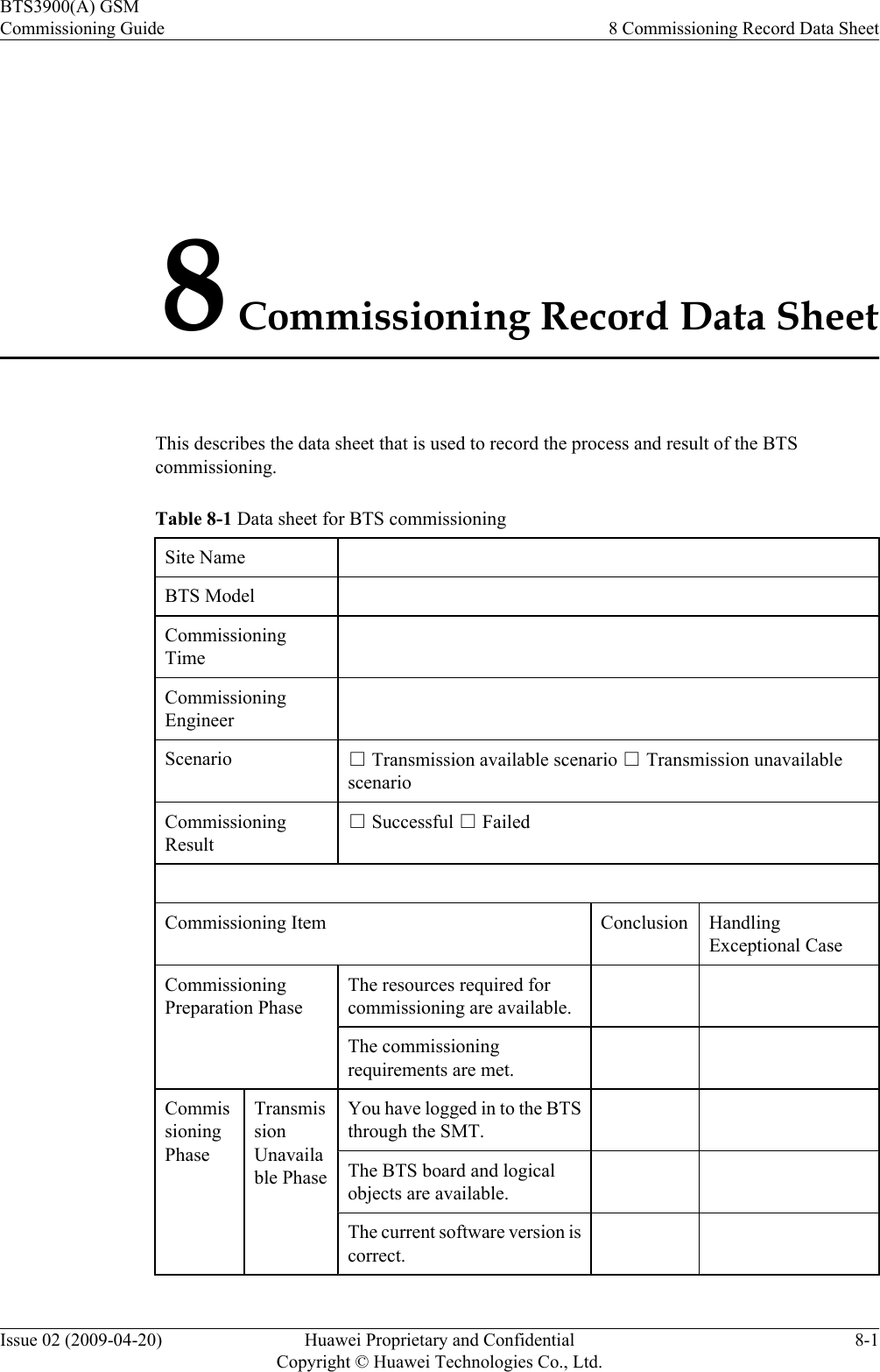 8 Commissioning Record Data SheetThis describes the data sheet that is used to record the process and result of the BTScommissioning.Table 8-1 Data sheet for BTS commissioningSite Name  BTS Model  CommissioningTime CommissioningEngineer Scenario □ Transmission available scenario □ Transmission unavailablescenarioCommissioningResult□ Successful □ Failed Commissioning Item Conclusion HandlingExceptional CaseCommissioningPreparation PhaseThe resources required forcommissioning are available.   The commissioningrequirements are met.   CommissioningPhaseTransmissionUnavailable PhaseYou have logged in to the BTSthrough the SMT.   The BTS board and logicalobjects are available.   The current software version iscorrect.   BTS3900(A) GSMCommissioning Guide 8 Commissioning Record Data SheetIssue 02 (2009-04-20) Huawei Proprietary and ConfidentialCopyright © Huawei Technologies Co., Ltd.8-1