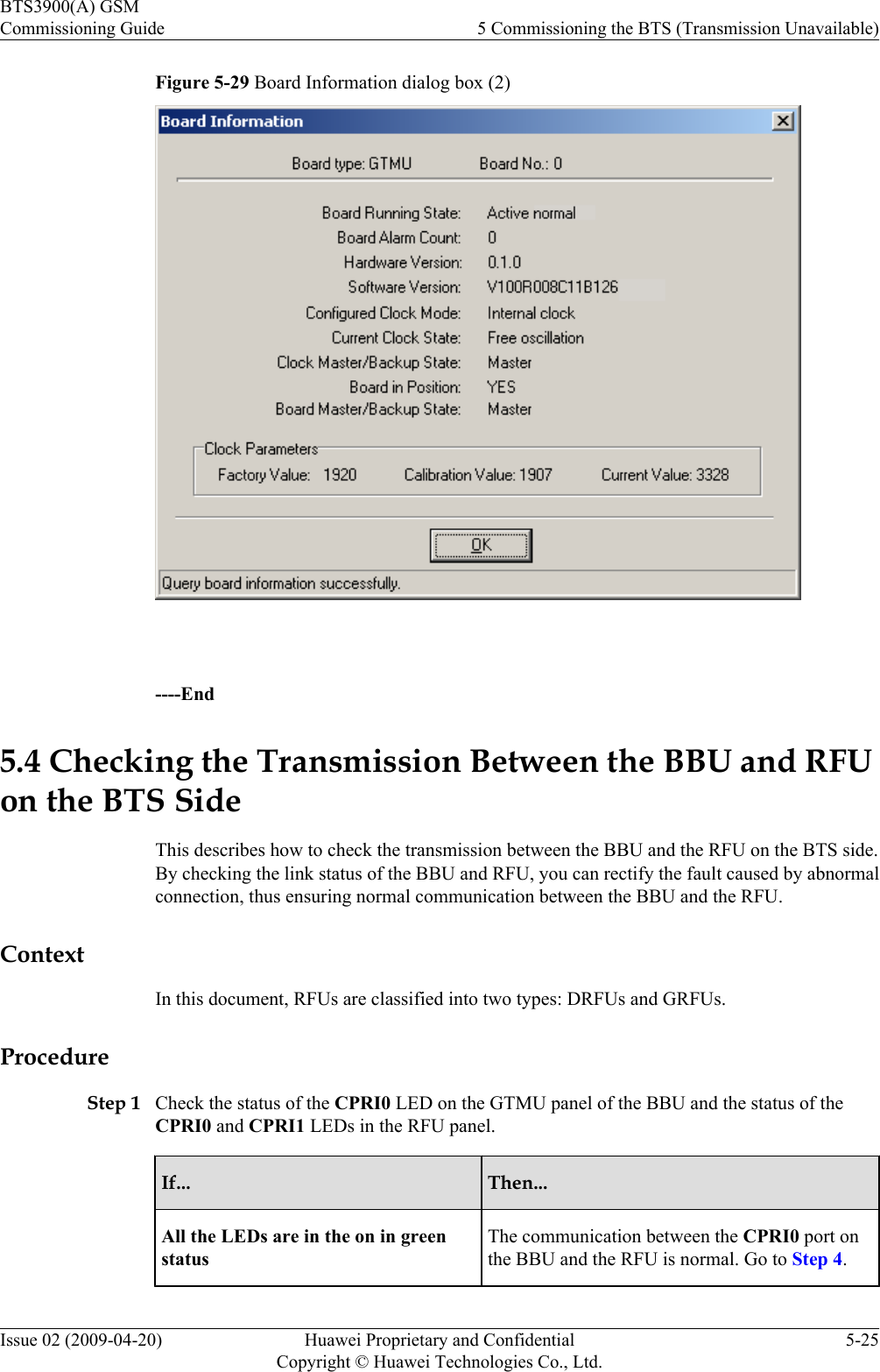 Figure 5-29 Board Information dialog box (2) ----End5.4 Checking the Transmission Between the BBU and RFUon the BTS SideThis describes how to check the transmission between the BBU and the RFU on the BTS side.By checking the link status of the BBU and RFU, you can rectify the fault caused by abnormalconnection, thus ensuring normal communication between the BBU and the RFU.ContextIn this document, RFUs are classified into two types: DRFUs and GRFUs.ProcedureStep 1 Check the status of the CPRI0 LED on the GTMU panel of the BBU and the status of theCPRI0 and CPRI1 LEDs in the RFU panel.If... Then...All the LEDs are in the on in greenstatusThe communication between the CPRI0 port onthe BBU and the RFU is normal. Go to Step 4.BTS3900(A) GSMCommissioning Guide 5 Commissioning the BTS (Transmission Unavailable)Issue 02 (2009-04-20) Huawei Proprietary and ConfidentialCopyright © Huawei Technologies Co., Ltd.5-25