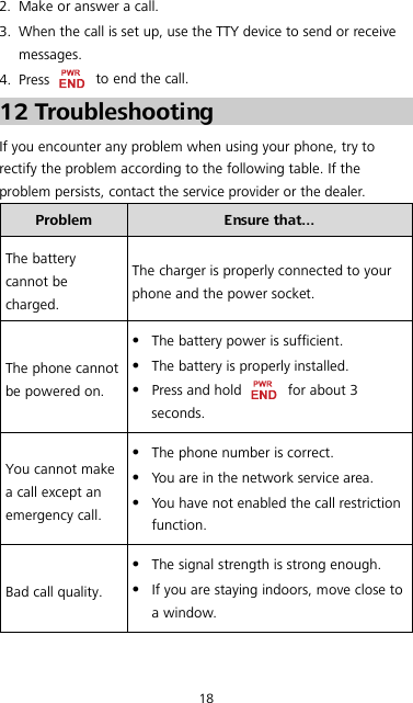 18 2. Make or answer a call. 3. When the call is set up, use the TTY device to send or receive messages. 4. Press   to end the call. 12 Troubleshooting If you encounter any problem when using your phone, try to rectify the problem according to the following table. If the problem persists, contact the service provider or the dealer. Problem Ensure that... The battery cannot be charged. The charger is properly connected to your phone and the power socket. The phone cannot be powered on.  The battery power is sufficient.  The battery is properly installed.  Press and hold   for about 3 seconds. You cannot make a call except an emergency call.  The phone number is correct.  You are in the network service area.  You have not enabled the call restriction function. Bad call quality.  The signal strength is strong enough.  If you are staying indoors, move close to a window. 