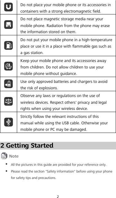 2  Do not place your mobile phone or its accessories in containers with a strong electromagnetic field.  Do not place magnetic storage media near your mobile phone. Radiation from the phone may erase the information stored on them.  Do not put your mobile phone in a high-temperature place or use it in a place with flammable gas such as a gas station.  Keep your mobile phone and its accessories away from children. Do not allow children to use your mobile phone without guidance.  Use only approved batteries and chargers to avoid the risk of explosions.  Observe any laws or regulations on the use of wireless devices. Respect others&apos; privacy and legal rights when using your wireless device.  Strictly follow the relevant instructions of this manual while using the USB cable. Otherwise your mobile phone or PC may be damaged.  2 Getting Started   All the pictures in this guide are provided for your reference only.  Please read the section &quot;Safety information&quot; before using your phone for safety tips and precautions. 