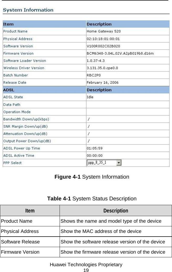     Huawei Technologies Proprietary 19  Figure 4-1 System Information Table 4-1 System Status Description Item  Description Product Name    Shows the name and model type of the device Physical Address  Show the MAC address of the device Software Release  Show the software release version of the device Firmware Version  Show the firmware release version of the device 