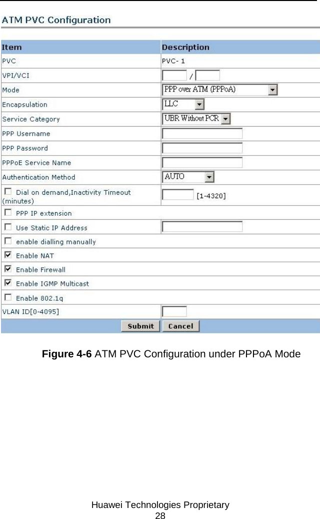     Huawei Technologies Proprietary 28  Figure 4-6 ATM PVC Configuration under PPPoA Mode 