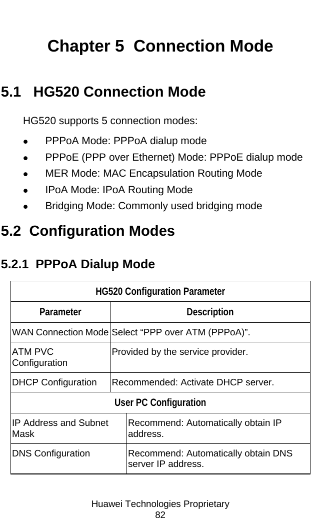     Huawei Technologies Proprietary 82 Chapter 5  Connection Mode 5.1   HG520 Connection Mode HG520 supports 5 connection modes: z PPPoA Mode: PPPoA dialup mode z PPPoE (PPP over Ethernet) Mode: PPPoE dialup mode z MER Mode: MAC Encapsulation Routing Mode z IPoA Mode: IPoA Routing Mode z Bridging Mode: Commonly used bridging mode 5.2  Configuration Modes 5.2.1  PPPoA Dialup Mode HG520 Configuration Parameter Parameter Description WAN Connection Mode Select “PPP over ATM (PPPoA)”. ATM PVC Configuration  Provided by the service provider. DHCP Configuration  Recommended: Activate DHCP server.  User PC Configuration IP Address and Subnet Mask  Recommend: Automatically obtain IP address. DNS Configuration  Recommend: Automatically obtain DNS server IP address.  
