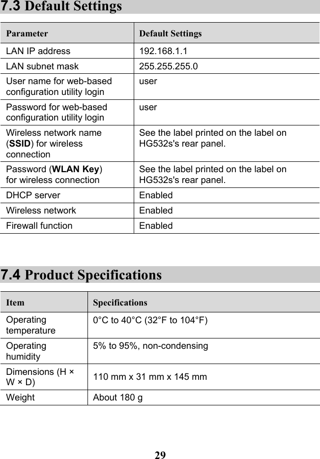  29 7.3 Default Settings Parameter Default Settings LAN IP address 192.168.1.1 LAN subnet mask 255.255.255.0 User name for web-based configuration utility login user Password for web-based configuration utility login user Wireless network name (SSID) for wireless connection See the label printed on the label on HG532s&apos;s rear panel. Password (WLAN Key) for wireless connection See the label printed on the label on HG532s&apos;s rear panel. DHCP server Enabled Wireless network Enabled Firewall function Enabled  7.4 Product Specifications Item Specifications Operating temperature 0°C to 40°C (32°F to 104°F) Operating humidity 5% to 95%, non-condensing Dimensions (H × W × D) 110 mm x 31 mm x 145 mm Weight About 180 g 