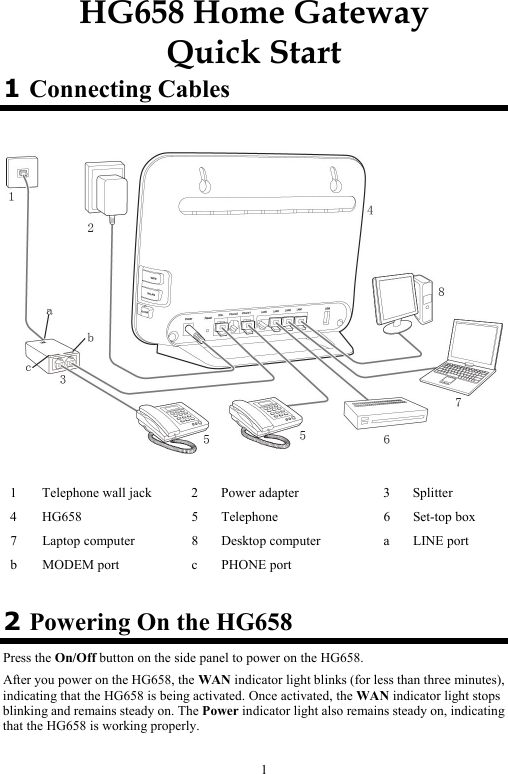 1 HG658 Home Gateway  Quick Start 1 Connecting Cables   1  Telephone wall jack  2  Power adapter  3  Splitter 4  HG658  5  Telephone  6  Set-top box 7  Laptop computer  8  Desktop computer  a  LINE port b  MODEM port  c  PHONE port      2 Powering On the HG658 Press the On/Off button on the side panel to power on the HG658. After you power on the HG658, the WAN indicator light blinks (for less than three minutes), indicating that the HG658 is being activated. Once activated, the WAN indicator light stops blinking and remains steady on. The Power indicator light also remains steady on, indicating that the HG658 is working properly. 
