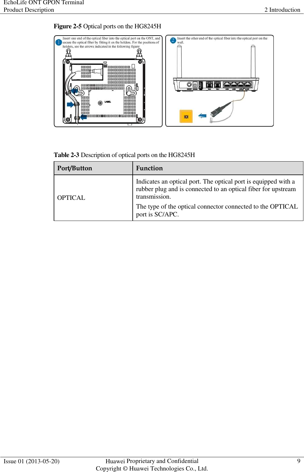 EchoLife ONT GPON Terminal Product Description  2 Introduction  Issue 01 (2013-05-20)  Huawei Proprietary and Confidential                                     Copyright © Huawei Technologies Co., Ltd. 9  Figure 2-5 Optical ports on the HG8245H   Table 2-3 Description of optical ports on the HG8245H Port/Button  Function OPTICAL Indicates an optical port. The optical port is equipped with a rubber plug and is connected to an optical fiber for upstream transmission. The type of the optical connector connected to the OPTICAL port is SC/APC.  
