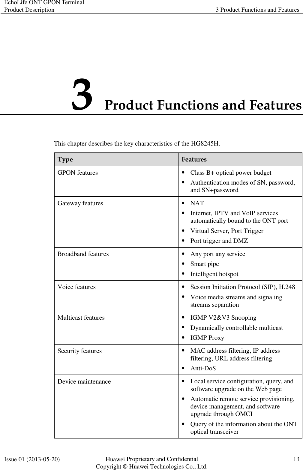 EchoLife ONT GPON Terminal Product Description  3 Product Functions and Features  Issue 01 (2013-05-20)  Huawei Proprietary and Confidential                                     Copyright © Huawei Technologies Co., Ltd. 13  3 Product Functions and Features This chapter describes the key characteristics of the HG8245H. Type  Features GPON features  Class B+ optical power budget  Authentication modes of SN, password, and SN+password Gateway features  NAT  Internet, IPTV and VoIP services automatically bound to the ONT port  Virtual Server, Port Trigger  Port trigger and DMZ Broadband features  Any port any service  Smart pipe  Intelligent hotspot Voice features  Session Initiation Protocol (SIP), H.248  Voice media streams and signaling streams separation Multicast features  IGMP V2&amp;V3 Snooping  Dynamically controllable multicast  IGMP Proxy Security features  MAC address filtering, IP address filtering, URL address filtering  Anti-DoS Device maintenance  Local service configuration, query, and software upgrade on the Web page  Automatic remote service provisioning, device management, and software upgrade through OMCI  Query of the information about the ONT optical transceiver 