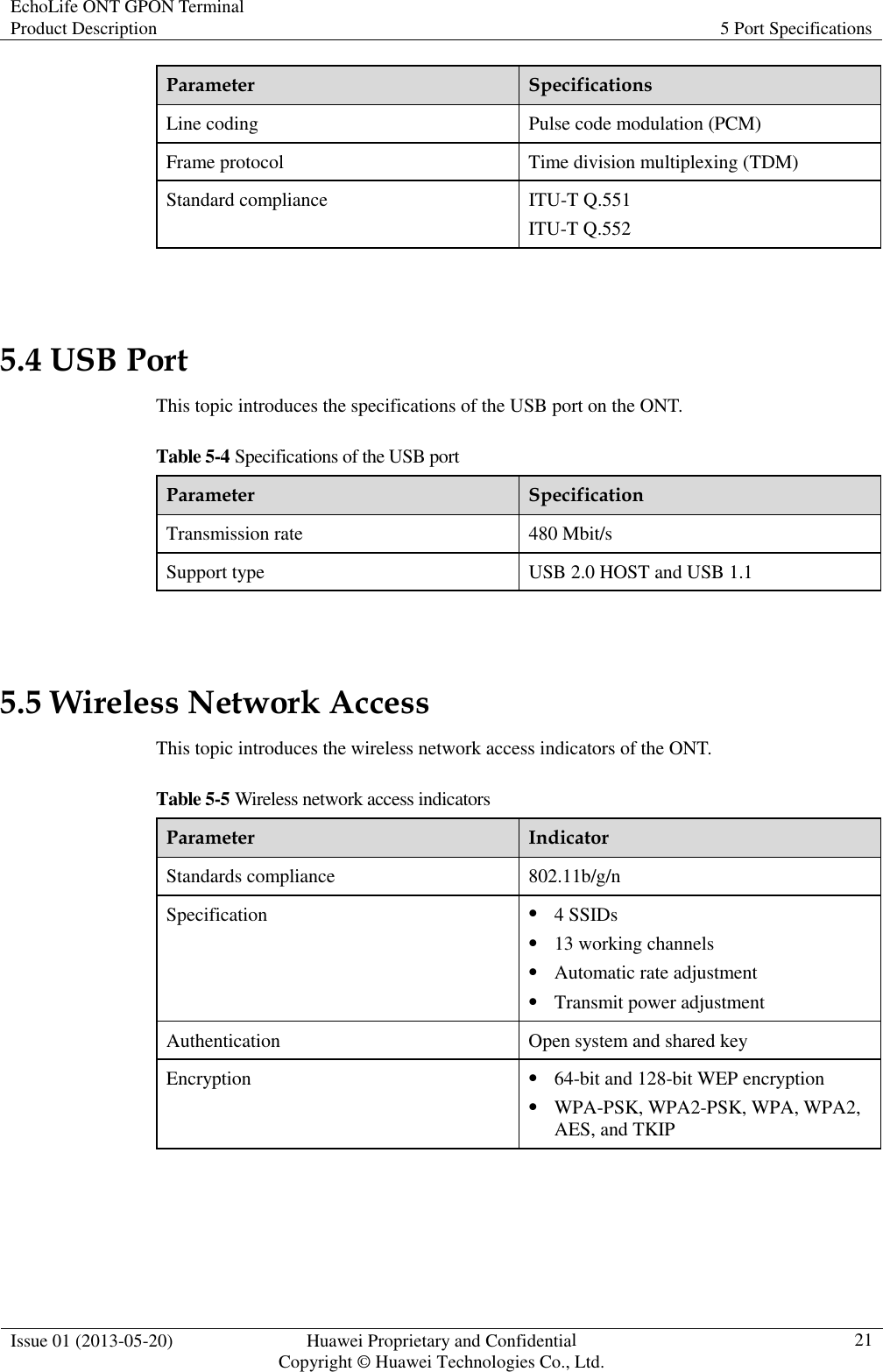 EchoLife ONT GPON Terminal Product Description  5 Port Specifications  Issue 01 (2013-05-20)  Huawei Proprietary and Confidential                   Copyright © Huawei Technologies Co., Ltd. 21  Parameter  Specifications Line coding  Pulse code modulation (PCM) Frame protocol  Time division multiplexing (TDM) Standard compliance  ITU-T Q.551 ITU-T Q.552  5.4 USB Port This topic introduces the specifications of the USB port on the ONT. Table 5-4 Specifications of the USB port Parameter  Specification Transmission rate  480 Mbit/s Support type  USB 2.0 HOST and USB 1.1  5.5 Wireless Network Access This topic introduces the wireless network access indicators of the ONT. Table 5-5 Wireless network access indicators Parameter  Indicator Standards compliance  802.11b/g/n Specification  4 SSIDs  13 working channels  Automatic rate adjustment  Transmit power adjustment Authentication  Open system and shared key   Encryption  64-bit and 128-bit WEP encryption  WPA-PSK, WPA2-PSK, WPA, WPA2, AES, and TKIP  