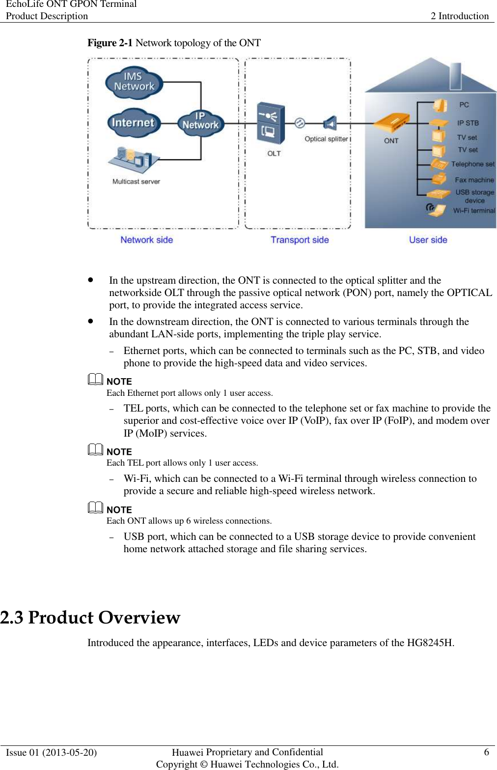 EchoLife ONT GPON Terminal Product Description  2 Introduction  Issue 01 (2013-05-20)  Huawei Proprietary and Confidential                                     Copyright © Huawei Technologies Co., Ltd. 6  Figure 2-1 Network topology of the ONT    In the upstream direction, the ONT is connected to the optical splitter and the networkside OLT through the passive optical network (PON) port, namely the OPTICAL port, to provide the integrated access service.  In the downstream direction, the ONT is connected to various terminals through the abundant LAN-side ports, implementing the triple play service. − Ethernet ports, which can be connected to terminals such as the PC, STB, and video phone to provide the high-speed data and video services.  Each Ethernet port allows only 1 user access. − TEL ports, which can be connected to the telephone set or fax machine to provide the superior and cost-effective voice over IP (VoIP), fax over IP (FoIP), and modem over IP (MoIP) services.  Each TEL port allows only 1 user access. − Wi-Fi, which can be connected to a Wi-Fi terminal through wireless connection to provide a secure and reliable high-speed wireless network.  Each ONT allows up 6 wireless connections. − USB port, which can be connected to a USB storage device to provide convenient home network attached storage and file sharing services.  2.3 Product Overview Introduced the appearance, interfaces, LEDs and device parameters of the HG8245H. 