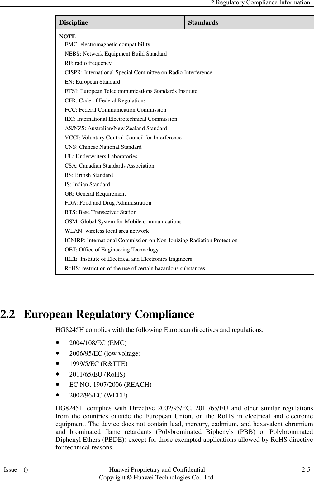  2 Regulatory Compliance Information  Issue    () Huawei Proprietary and Confidential                                     Copyright © Huawei Technologies Co., Ltd. 2-5  Discipline Standards NOTE EMC: electromagnetic compatibility NEBS: Network Equipment Build Standard RF: radio frequency CISPR: International Special Committee on Radio Interference EN: European Standard ETSI: European Telecommunications Standards Institute CFR: Code of Federal Regulations FCC: Federal Communication Commission IEC: International Electrotechnical Commission AS/NZS: Australian/New Zealand Standard VCCI: Voluntary Control Council for Interference CNS: Chinese National Standard UL: Underwriters Laboratories CSA: Canadian Standards Association BS: British Standard IS: Indian Standard GR: General Requirement FDA: Food and Drug Administration BTS: Base Transceiver Station GSM: Global System for Mobile communications WLAN: wireless local area network ICNIRP: International Commission on Non-Ionizing Radiation Protection OET: Office of Engineering Technology IEEE: Institute of Electrical and Electronics Engineers RoHS: restriction of the use of certain hazardous substances  2.2   European Regulatory Compliance HG8245H complies with the following European directives and regulations.  2004/108/EC (EMC)  2006/95/EC (low voltage)  1999/5/EC (R&amp;TTE)  2011/65/EU (RoHS)  EC NO. 1907/2006 (REACH)  2002/96/EC (WEEE) HG8245H  complies  with  Directive  2002/95/EC,  2011/65/EU  and  other  similar  regulations from  the  countries  outside  the  European  Union,  on  the  RoHS  in  electrical  and  electronic equipment. The device does not contain lead, mercury, cadmium, and hexavalent chromium and  brominated  flame  retardants  (Polybrominated  Biphenyls  (PBB)  or  Polybrominated Diphenyl Ethers (PBDE)) except for those exempted applications allowed by RoHS directive for technical reasons.   