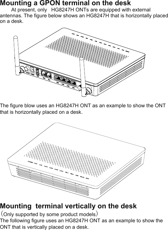 Mounting a GPON terminal on the desk        At present, only   HG8247H ONTs are equipped with external antennas. The figure below shows an HG8247H that is horizontally placed on a desk.The figure blow uses an HG8247H ONT as an example to show the ONT that is horizontally placed on a desk.Mounting  terminal vertically on the desk (Only supported by some product models)The following figure uses an HG8247H ONT as an example to show the ONT that is vertically placed on a desk. 