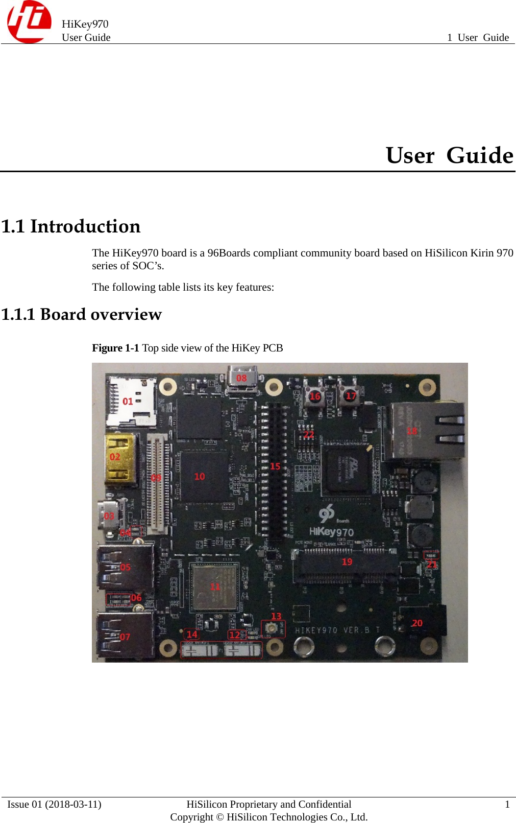  HiKey970 User Guide  1 User Guide Issue 01 (2018-03-11)  HiSilicon Proprietary and Confidential          Copyright © HiSilicon Technologies Co., Ltd.  1 User Guide 1.1 IntroductionThe HiKey970 board is a 96Boards compliant community board based on HiSilicon Kirin 970 series of SOC’s. The following table lists its key features: 1.1.1 Board overview Figure 1-1 Top side view of the HiKey PCB   