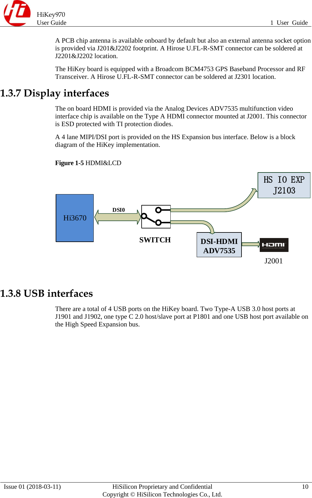  HiKey970 User Guide  1 User Guide Issue 01 (2018-03-11)  HiSilicon Proprietary and Confidential          Copyright © HiSilicon Technologies Co., Ltd.  10 A PCB chip antenna is available onboard by default but also an external antenna socket option is provided via J201&amp;J2202 footprint. A Hirose U.FL-R-SMT connector can be soldered at J2201&amp;J2202 location. The HiKey board is equipped with a Broadcom BCM4753 GPS Baseband Processor and RF Transceiver. A Hirose U.FL-R-SMT connector can be soldered at J2301 location. 1.3.7 Display interfaces   The on board HDMI is provided via the Analog Devices ADV7535 multifunction video interface chip is available on the Type A HDMI connector mounted at J2001. This connector is ESD protected with TI protection diodes. A 4 lane MIPI/DSI port is provided on the HS Expansion bus interface. Below is a block diagram of the HiKey implementation. Figure 1-5 HDMI&amp;LCD Hi3670DSI-HDMIADV7535HS IO EXPJ2103DSI0SWITCHJ2001  1.3.8 USB interfaces There are a total of 4 USB ports on the HiKey board. Two Type-A USB 3.0 host ports at J1901 and J1902, one type C 2.0 host/slave port at P1801 and one USB host port available on the High Speed Expansion bus.   