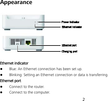 2 Appearance  Ethernet indicator  Blue: An Ethernet connection has been set up.  Blinking: Setting an Ethernet connection or data is transferring. Ethernet port  Connect to the router.  Connect to the computer. 