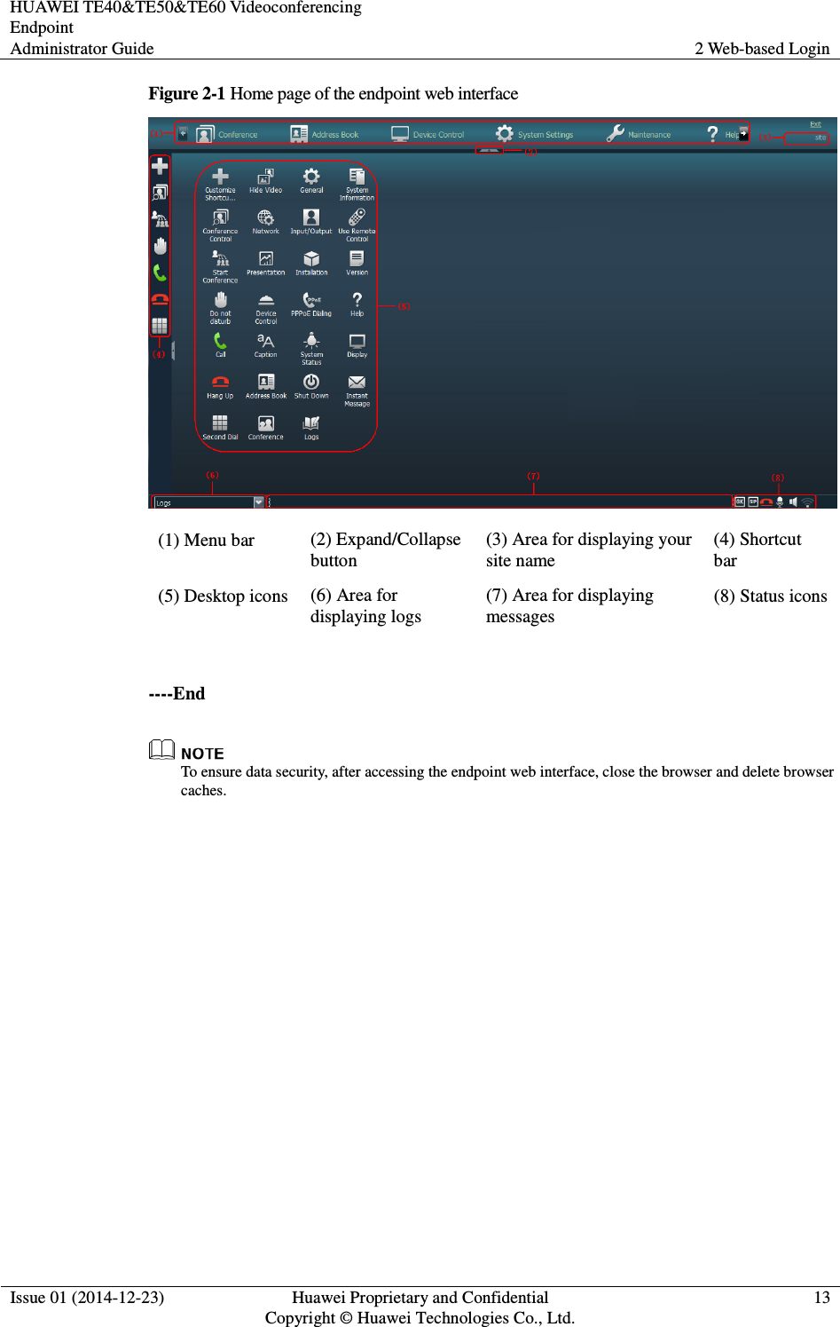 HUAWEI TE40&amp;TE50&amp;TE60 Videoconferencing Endpoint Administrator Guide  2 Web-based Login  Issue 01 (2014-12-23)  Huawei Proprietary and Confidential                                     Copyright © Huawei Technologies Co., Ltd. 13  Figure 2-1 Home page of the endpoint web interface  (1) Menu bar  (2) Expand/Collapse button (3) Area for displaying your site name (4) Shortcut bar (5) Desktop icons  (6) Area for displaying logs (7) Area for displaying messages (8) Status icons  ----End  To ensure data security, after accessing the endpoint web interface, close the browser and delete browser caches. 