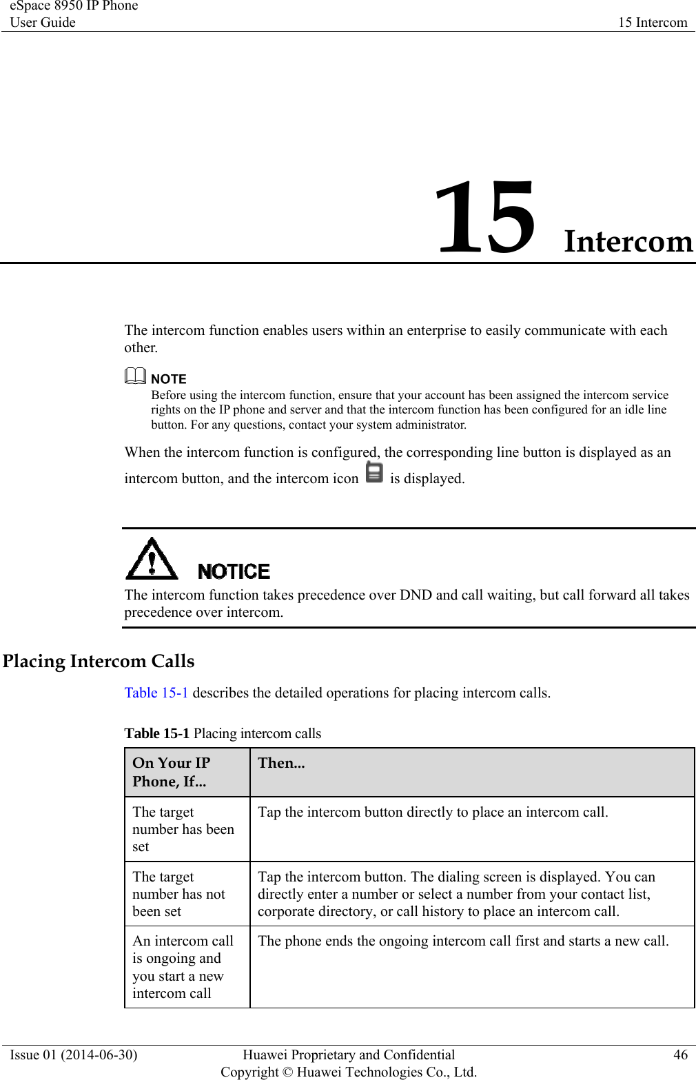 eSpace 8950 IP Phone User Guide  15 Intercom Issue 01 (2014-06-30)  Huawei Proprietary and Confidential         Copyright © Huawei Technologies Co., Ltd.46 15 Intercom The intercom function enables users within an enterprise to easily communicate with each other.  Before using the intercom function, ensure that your account has been assigned the intercom service rights on the IP phone and server and that the intercom function has been configured for an idle line button. For any questions, contact your system administrator. When the intercom function is configured, the corresponding line button is displayed as an intercom button, and the intercom icon   is displayed.   The intercom function takes precedence over DND and call waiting, but call forward all takes precedence over intercom. Placing Intercom Calls Table 15-1 describes the detailed operations for placing intercom calls. Table 15-1 Placing intercom calls On Your IP Phone, If... Then... The target number has been set Tap the intercom button directly to place an intercom call. The target number has not been set Tap the intercom button. The dialing screen is displayed. You can directly enter a number or select a number from your contact list, corporate directory, or call history to place an intercom call. An intercom call is ongoing and you start a new intercom call The phone ends the ongoing intercom call first and starts a new call. 