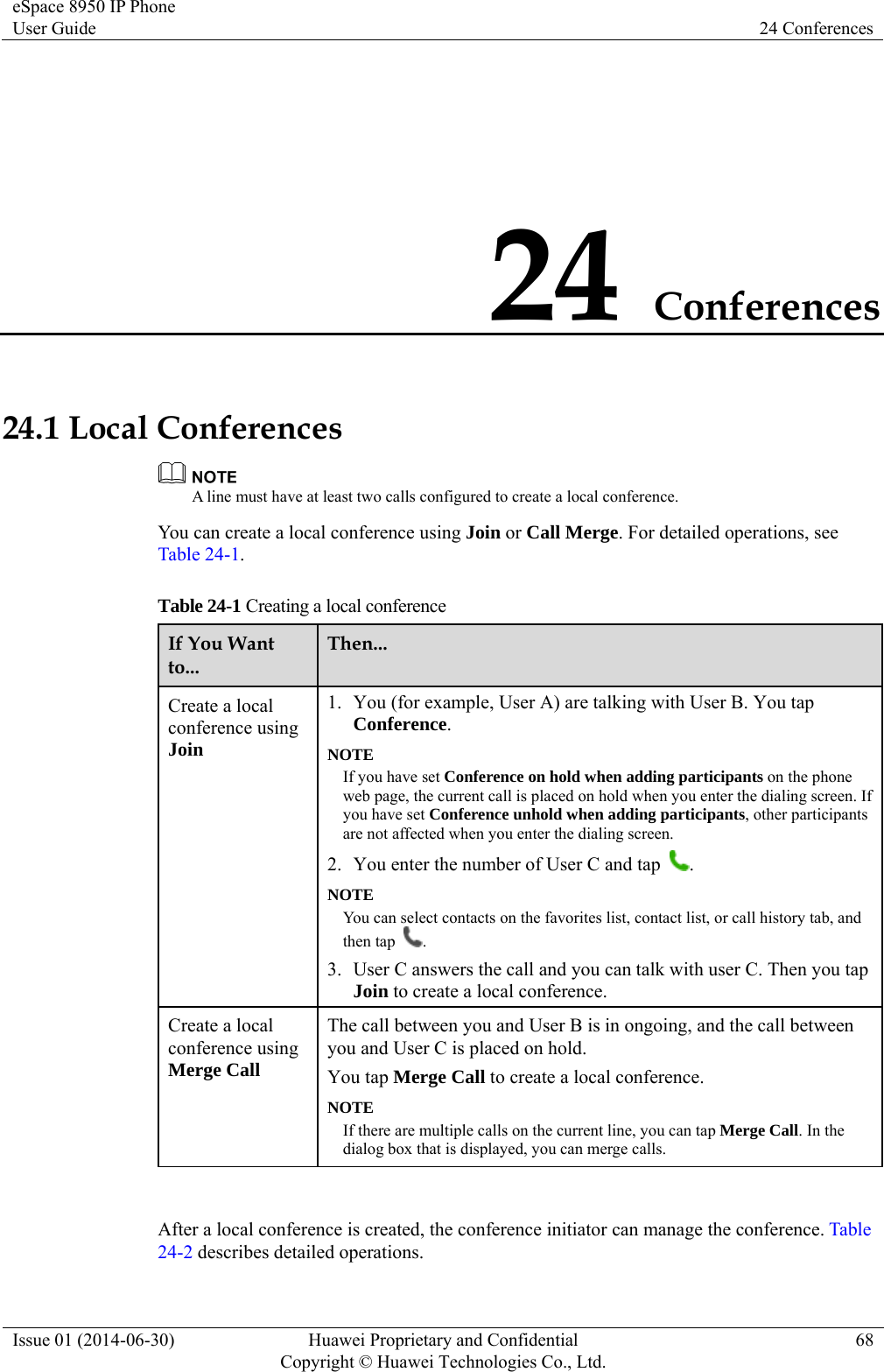 eSpace 8950 IP Phone User Guide  24 Conferences Issue 01 (2014-06-30)  Huawei Proprietary and Confidential         Copyright © Huawei Technologies Co., Ltd.68 24 Conferences 24.1 Local Conferences  A line must have at least two calls configured to create a local conference. You can create a local conference using Join or Call Merge. For detailed operations, see Table 24-1. Table 24-1 Creating a local conference If You Want to... Then... Create a local conference using Join 1. You (for example, User A) are talking with User B. You tap Conference. NOTE If you have set Conference on hold when adding participants on the phone web page, the current call is placed on hold when you enter the dialing screen. If you have set Conference unhold when adding participants, other participants are not affected when you enter the dialing screen. 2. You enter the number of User C and tap  . NOTE You can select contacts on the favorites list, contact list, or call history tab, and then tap  . 3. User C answers the call and you can talk with user C. Then you tap Join to create a local conference. Create a local conference using Merge Call The call between you and User B is in ongoing, and the call between you and User C is placed on hold. You tap Merge Call to create a local conference. NOTE If there are multiple calls on the current line, you can tap Merge Call. In the dialog box that is displayed, you can merge calls.  After a local conference is created, the conference initiator can manage the conference. Table 24-2 describes detailed operations. 