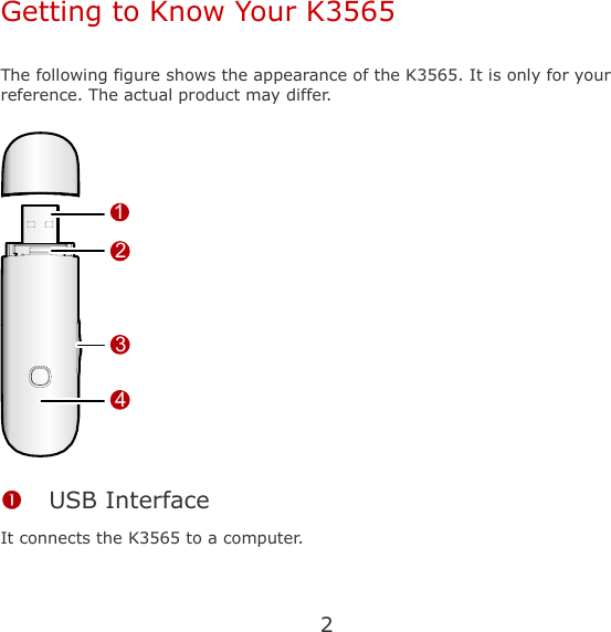 2 Getting to Know Your K3565  The following figure shows the appearance of the K3565. It is only for your reference. The actual product may differ. 1234 n USB Interface It connects the K3565 to a computer. 